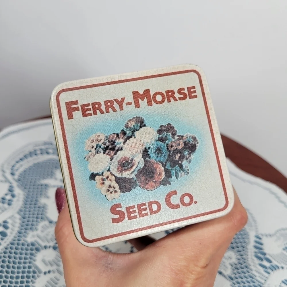 Vintage Ferry-Morse Seed Co. Tin Floral‎ Collectible Storage Container Cottage
